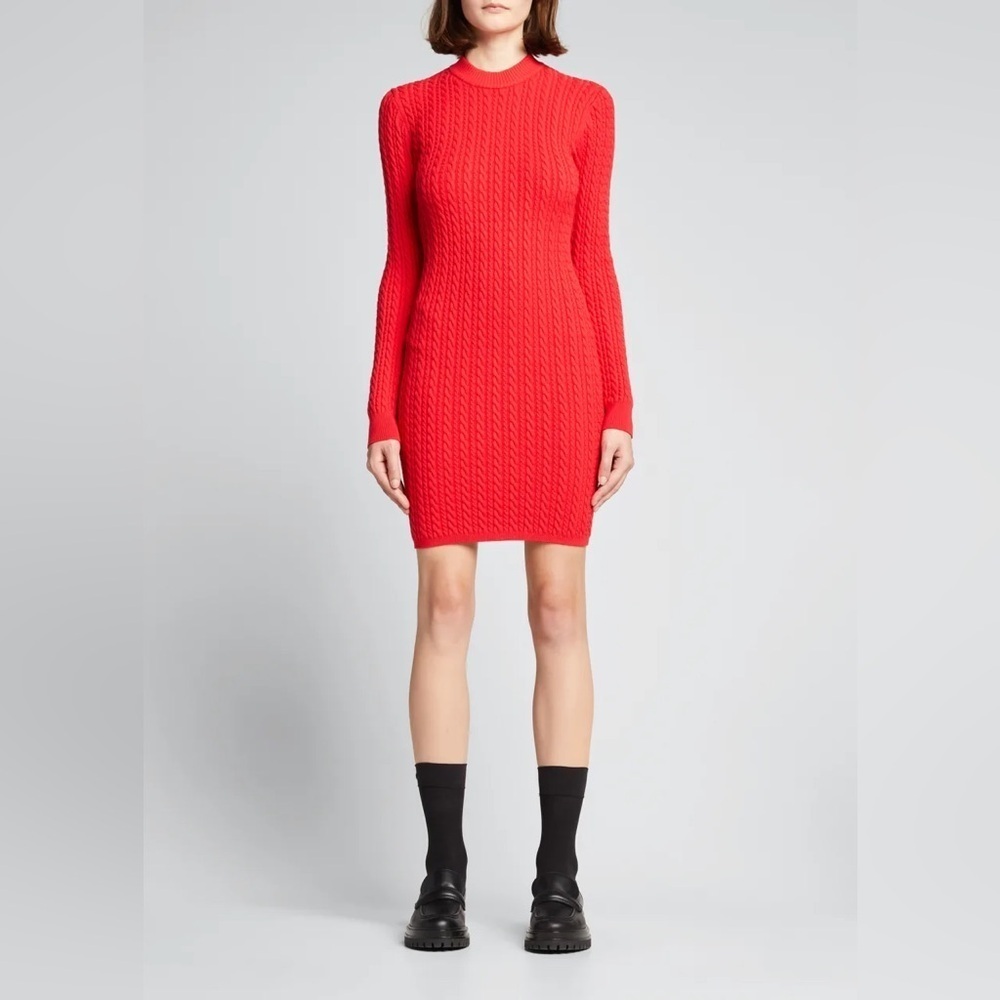 Alice + Olivia Yuna Cable Knit Mini Dress Bright Poppy Long Sleeve - Picture 9 of 10